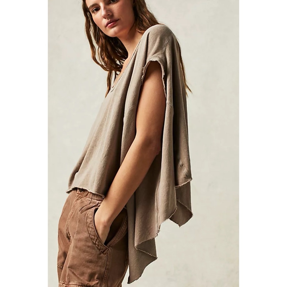 Free People Angel‎ Tee Cream Tan Earthy Natural Lagenlook Boho XS Oversized